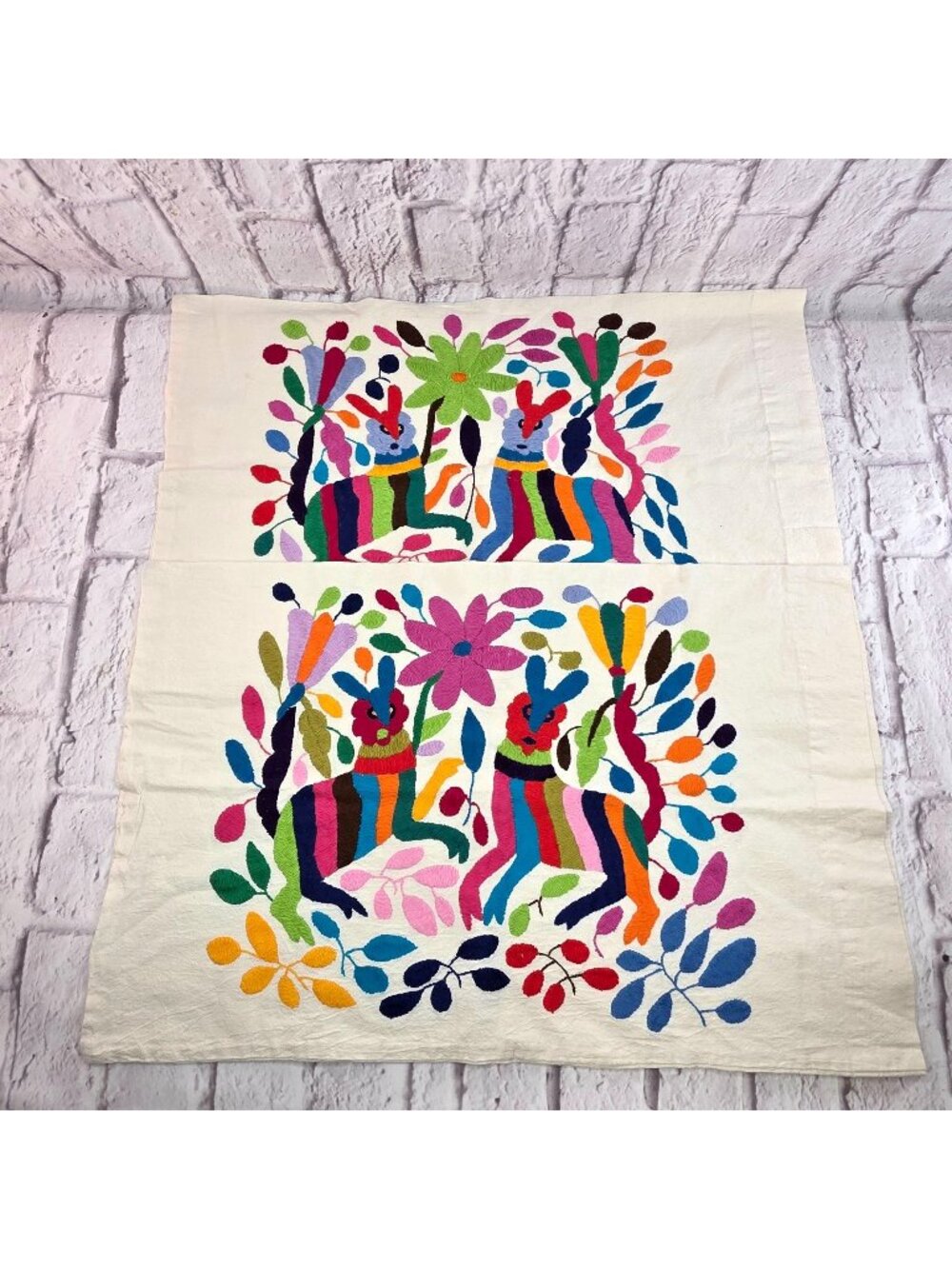 Otomi Embroidered Cotton Pillowcase Set 24.5"x15.5" Multicolor Mexican Folk Art